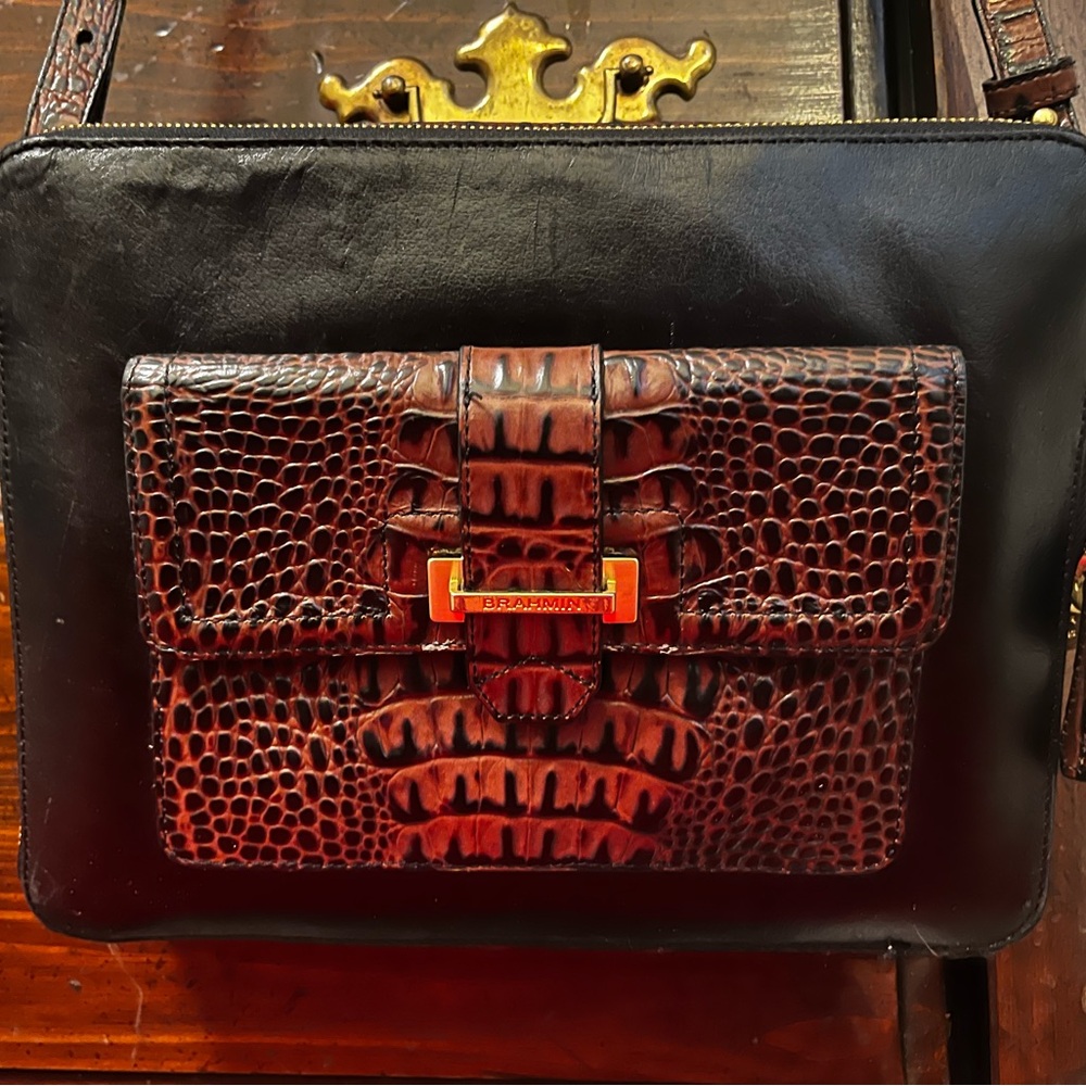 Brahmin “Theo” Black and Brown Leather Melbourne Crocodile-Embossed Crossbody